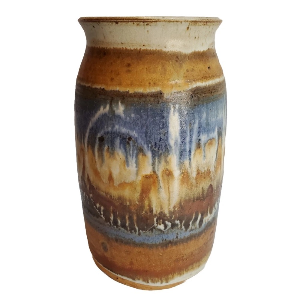 Vintage Stokes Pottery Stoneware Vase Signed Blues Browns Rustic Decor 7"